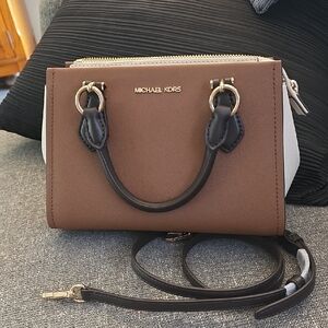 Michael Kors Two-Tone Brown & White Leather Satchel/crossbody with Gold Hardware